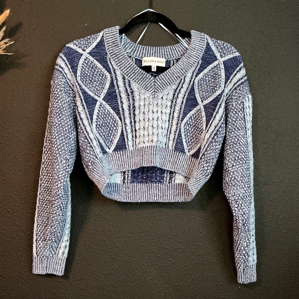 Willow & Wind Blue Cable‎ Knit Cropped Sweater Chunky Knit Boho Coastal XS